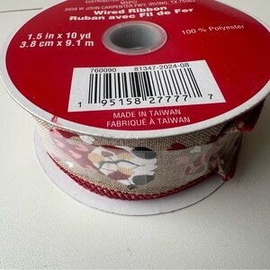 Valentine’s Day Gnome Wired Ribbon 1.5” x 10yd Burlap Style Red Pink Hearts New